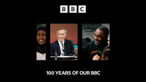 BBC 100 ident with the faces of Nadiya Hussain, Bruce Forsyth and Idris Elba in separate rectangles (21K)