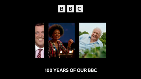 BBC 100 ident with the faces of Terry Wogan, Isata Kanneh-Mason and David Attenborough in separate rectangles (21K)