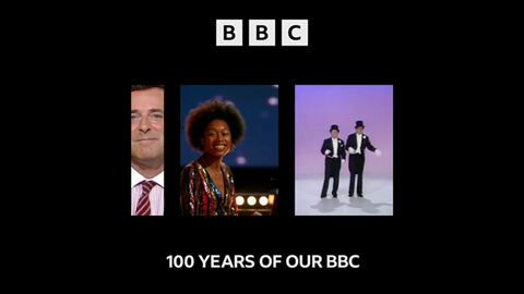 BBC 100 ident with Terry Wogan, Isata Kanneh-Mason and Morecambe & Wise in separate rectangles (23K)