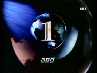Snapshot of the 1991 BBC 1 globe - a clear globe with continents on the surface and a large '1' inside. Rays of blue light hit it from the top-left. (21K)