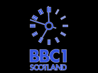 Blue clock with BBC 1 SCOTLAND lettering underneath, outlined in white, on a black background