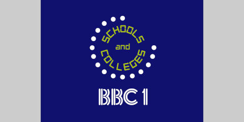 A circle of 20 white dots with SCHOOLS AND COLLEGES in lime green inside; the twin-stripe BBC 1 logo is underneath