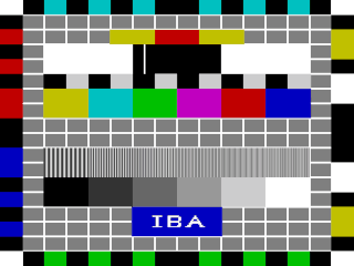 An electronic test card of 16 rows of 14 grey rectangles with other rectangles of various colours and sizes on top and around the edges