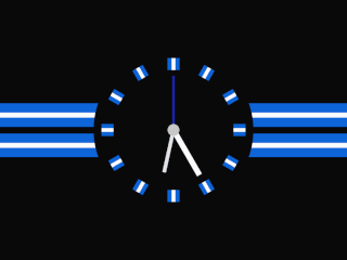 Analogue clock on black background. Hour markers are white stripes in a light blue square