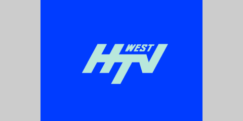 White HTV aerial symbol on a royal blue background, with 'WEST' caption