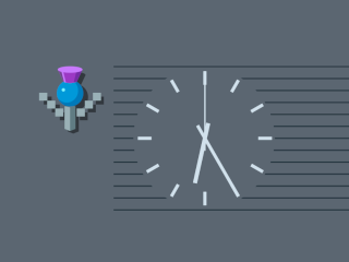 White clock on a grey background with Scottish TV's new 3D thistle symbol on the left-hand side