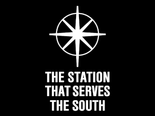 Southern symbol above THE STATION THAT SERVES THE SOUTH. White on a black background