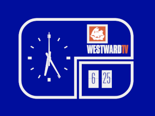 A clock dial on the left with an additional digital clock in the bottom right underneath Westward's orange galleon symbol