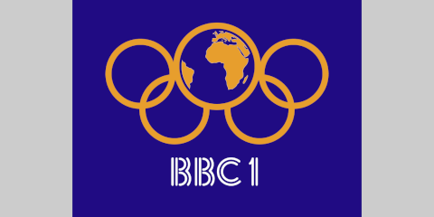 Orange globe inside the top middle ring of the Olympics symbol on a dark blue background with BBC 1 underneath in a stripy style