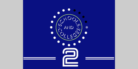 20 white dots surround a lime green circle with SCHOOLS AND COLLEGES inside; the twin-stripe 2 symbol is underneath