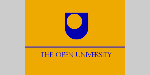 Blue Open University symbol on a mustard yellow background